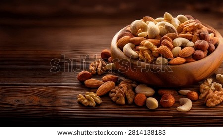 Healthy snack mix featuring assorted premium nuts arranged on a rustic wooden surface for wholesome food presentation.