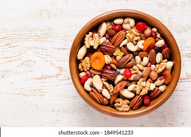 Healthy Snack Of Nuts And Dried Fruit, Top View.