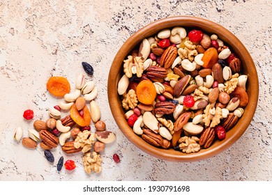 Healthy Snack Of Nuts And Dried Fruit, Top View.