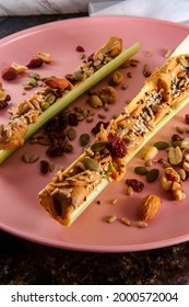 Healthy Snack Peanut Butter Celery Or Ants On A Log With Mixed Nuts And Seeds