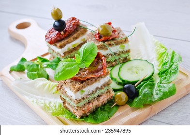 Healthy Snack Sandwich Cake With Cottage And Antipasto, Vegetarian Sandwich On Cutting Board