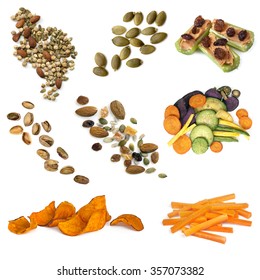 Healthy Snacking Collection Isolated On White.  Includes Seeds, Nuts, Trail Mix, Sweet Potato Fries, Vegetable Crisps And Carrot Sticks.