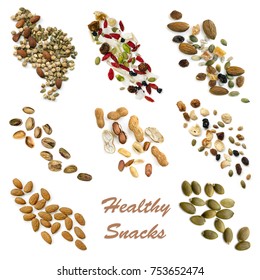 Healthy Snacking Collection Isolated On White.  Includes Seeds, Nuts, Trail Mix, Sweet Potato Fries, Vegetable Crisps And Carrot Sticks.