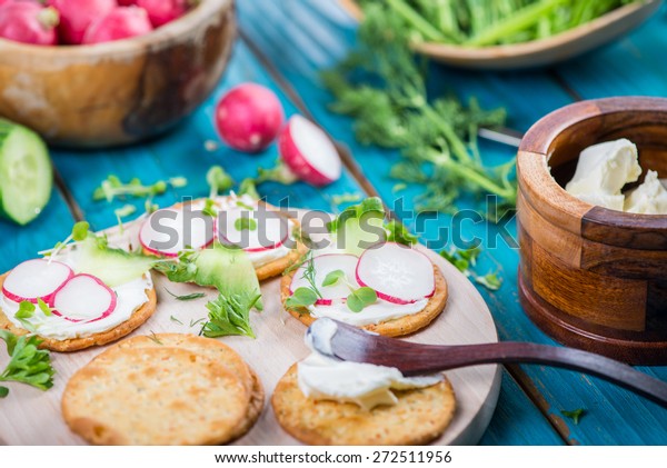 Healthy Snackscrackers Cottage Cheese Fresh Vegetables Stock Photo