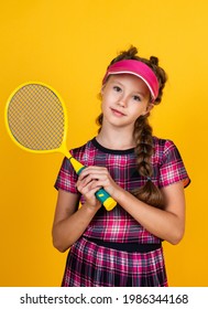 Healthy Sporty Tween Girl Hold Tennis Racket, Badminton