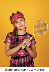 Healthy Sporty Tween Girl Hold Tennis Racket, Badminton