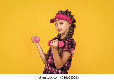 Healthy Sporty Tween Girl Hold Barbells, Workout