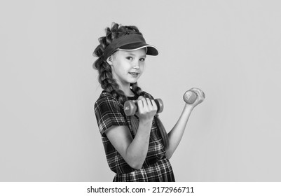 Healthy Sporty Tween Girl Hold Barbells, Workout