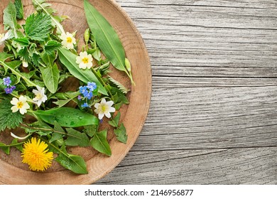 Healthy Spring Food Ingredients. Dandelion, Wild Garlic And Nettle In Plate