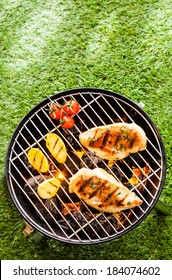 Healthy Summer BBQ With Chicken Breasts And Vegetables Grilling On The Coals In A Portable Barbecue Standing An A Green Lawn, Overhead View With Copyspace