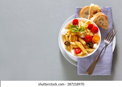 Healthy Summer Light Pasta Salad With Fresh Raw Tomatoes, Anchovies And Capers