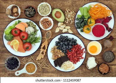 Healthy Super Food With Health Promoting Properties To Sharpen Brain Power And Promote Memory With Foods High In Omega 3, Antioxidants, Anthocyanins, Vitamins And Minerals. Top View.