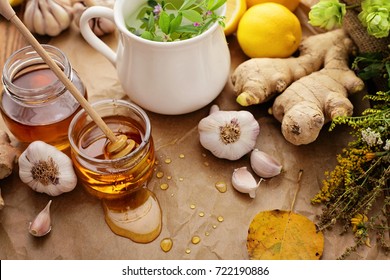 Healthy Tea With Herbs, Honey, Ginger, Garlic And Lemon 