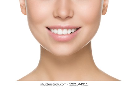 Healthy Teeth Smile Woman Close Up Face Isolated On White