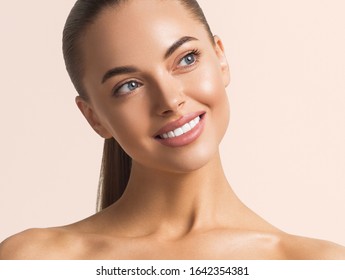 Healthy teeth smile woman face veneers whitening