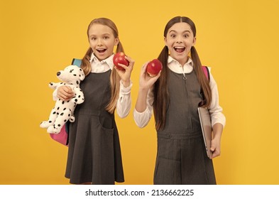 Healthy Teeth, Yummy Eat. Happy Kids Hold Apples. Dental Health Education. Teeth Are Always In Style