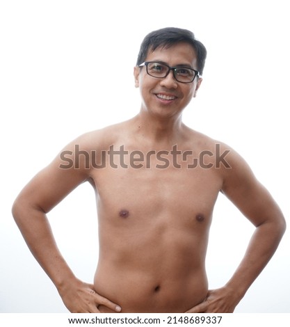 healthy topless asian man in white background                 