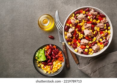 Healthy Tuna Salad With Corn, Peppers And Beans On Grey Background. Mexican Corn Salad.