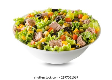 Healthy tuna salad with corns, carrots, peas and olives isolated on white background. Mexican corn salad. - Powered by Shutterstock
