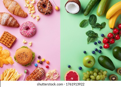 Healthy and unhealthy food background from fruits and vegetables vs fast food, sweets and pastry top view. Diet and detox against calorie and overweight lifestyle concept. - Shutterstock ID 1761913922