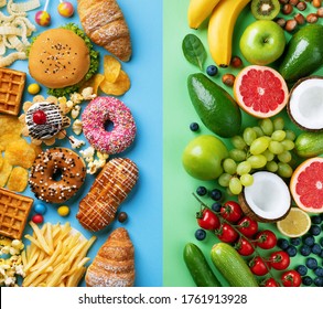 Healthy and unhealthy food background from fruits and vegetables vs fast food, sweets and pastry top view. Diet and detox against calorie and overweight lifestyle concept. - Shutterstock ID 1761913928