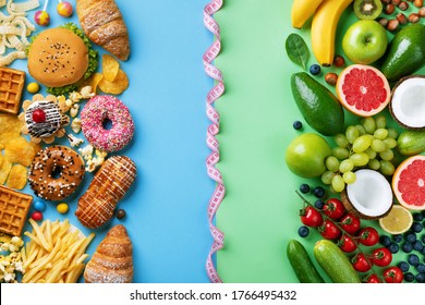 Healthy and unhealthy food background from fruits and vegetables vs fast food, sweets and pastry top view. Diet and detox against calorie and overweight lifestyle concept.