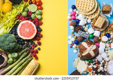 Healthy and unhealthy food background from fruits and vegetables vs fast food, sweets and pastry top view. Diet and detox against calorie and overweight lifestyle concept. - Shutterstock ID 2255913737