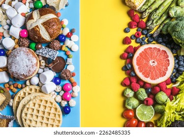 Healthy and unhealthy food background from fruits and vegetables vs fast food, sweets and pastry top view. Diet and detox against calorie and overweight lifestyle concept. - Shutterstock ID 2262485335