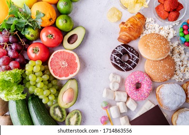 Healthy and unhealthy food concept. Top view of fast and sweet food vs fruit and vegetables - Shutterstock ID 1714863556