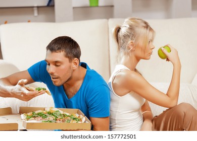 healthy and unhealthy nutrition concept - bright picture of couple eating different food