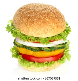 Healthy Vegan Burger With Raw Vegetables On White Background.