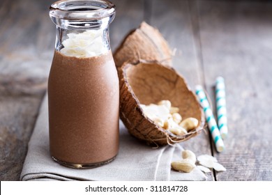 Healthy Vegan Chocolate Coconut Cashew Shake In A Bottle