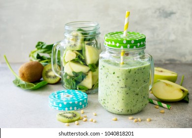 Healthy Vegan Food Concept. Proper Nutrition. Green Smoothies And  Apple, Kiwi, Spinach, Pine Nuts. 