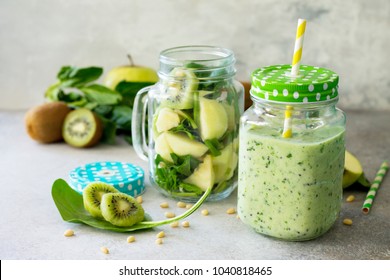 Healthy Vegan Food Concept. Proper Nutrition. Green Smoothies And Ingredients For The Preparation Of Green Smoothies.