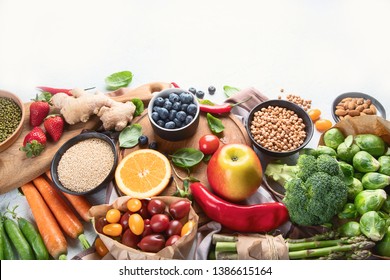 Healthy vegan food.  Vegetarian food cooking ingredients. Clean diet eating. Top view with copy space - Shutterstock ID 1386615164