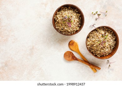 Healthy Vegan Grain Bowls With Quinoa And Micro Greens. Diet Concept. Top View. Copy Space.