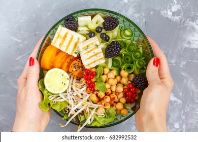 Healthy Vegan Lunch - Buddha Bowl Of Vegetables, Chickpeas And Tofu.