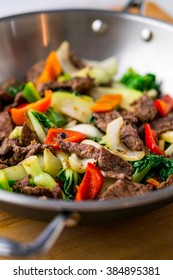 Healthy Vegetable & Beef Stir-fry. Made With Flank Steak, Peppers, Onions And Bok Choy Stir Fried In An Asian Wok.