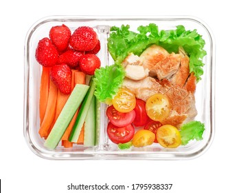 Healthy Vegetable And Chicken Meal In Glass Lunch Box Container Isolated On White Background. Top View.