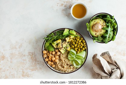 Healthy vegetable lunch from the Buddha bowl with quinoa, avocado, chickpeas. healthy food dish for vegetarians. - Shutterstock ID 1812272386