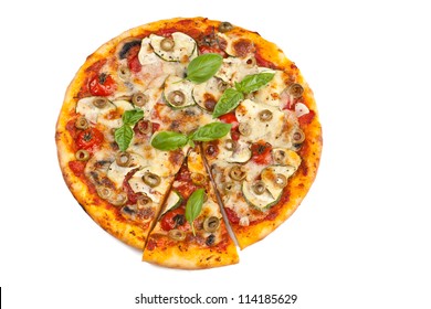 Healthy Vegetables And Mushrooms Vegetarian Pizza Isolated On White Background