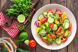 Healthy Vegetarian Dish, Vegetable Salad With Fresh Tomato, Cucumber, Bell Pepper, Red Onion, Avocado And Arugula