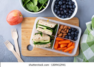 Healthy Vegetarian Lunch Or Snack To Go With A Sandwich, Fruits And Vegetables