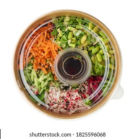 healthy vegetarian poke bowl in take away container isolated on white background, top view