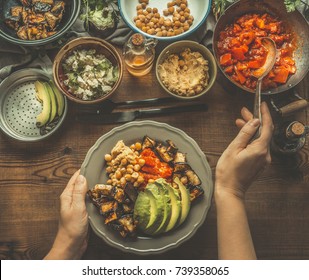 Healthy Vegetarian Salad Bar. Women Female Hand With Spoon Puts Food On A Plate, Top View. Healthy Lunch. Clean Eating Or Diet Food Concept