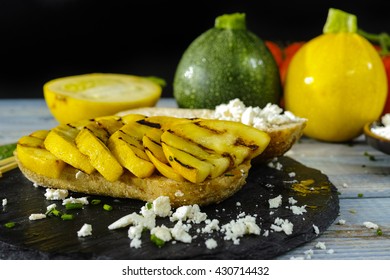 Healthy Vegetarian Veggie Sandwich With  Grilled Yellow Squash Zuccini, Mushrooms, Paprika, Salad, Feta Cheese On Blue Table Top