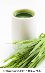 Healthy Way Of Life. Energy From Nature. Ecological Wheat-grass Juice. Regenerate Your Cells  Stop Ageing Processes And Detoxicate Your Body. High Key Isolated On White.