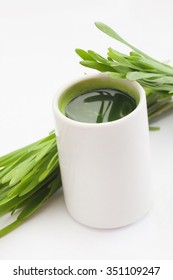 Healthy Way Of Life. Energy From Nature. Ecological Wheat-grass Juice. Regenerate Your Cells  Stop Ageing Processes And Detoxicate Your Body. High Key Isolated On White.