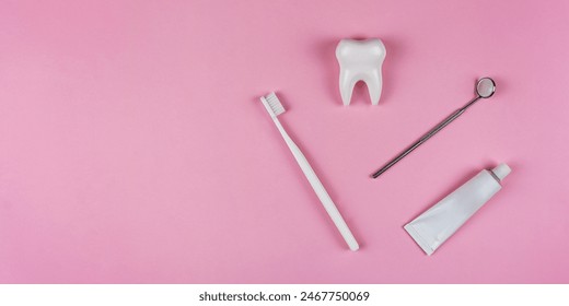 Healthy white tooth, toothpaste and toothbrush on a pink background. The concept of dentistry, health, health care, oral care. Oral hygiene, professional teeth cleaning for a dental clinic, copyspace  - Powered by Shutterstock