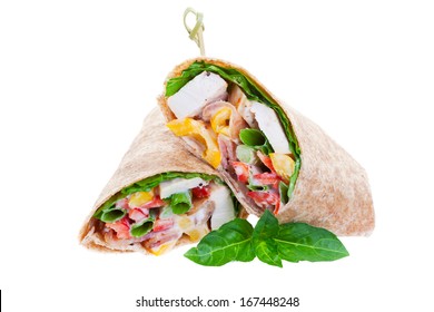 Healthy Whole Wheat Chicken Wrap On A White Background.